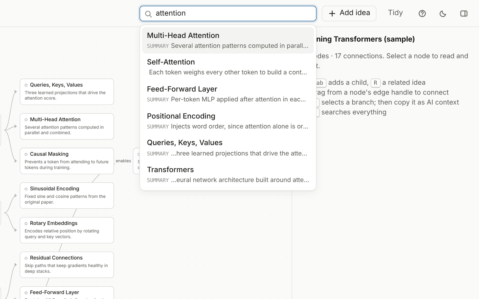 The search box with results for attention, each showing a title and a summary snippet.