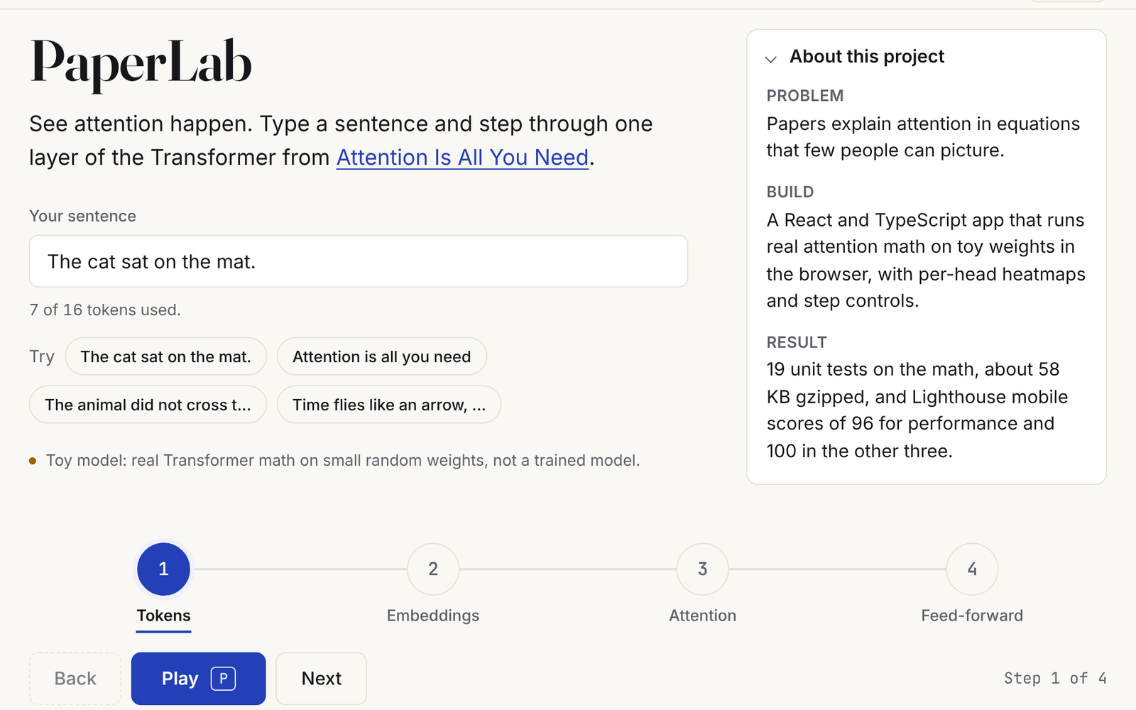 PaperLab input panel with a typed sentence, preset sentences, the token counter and the four-step stepper.