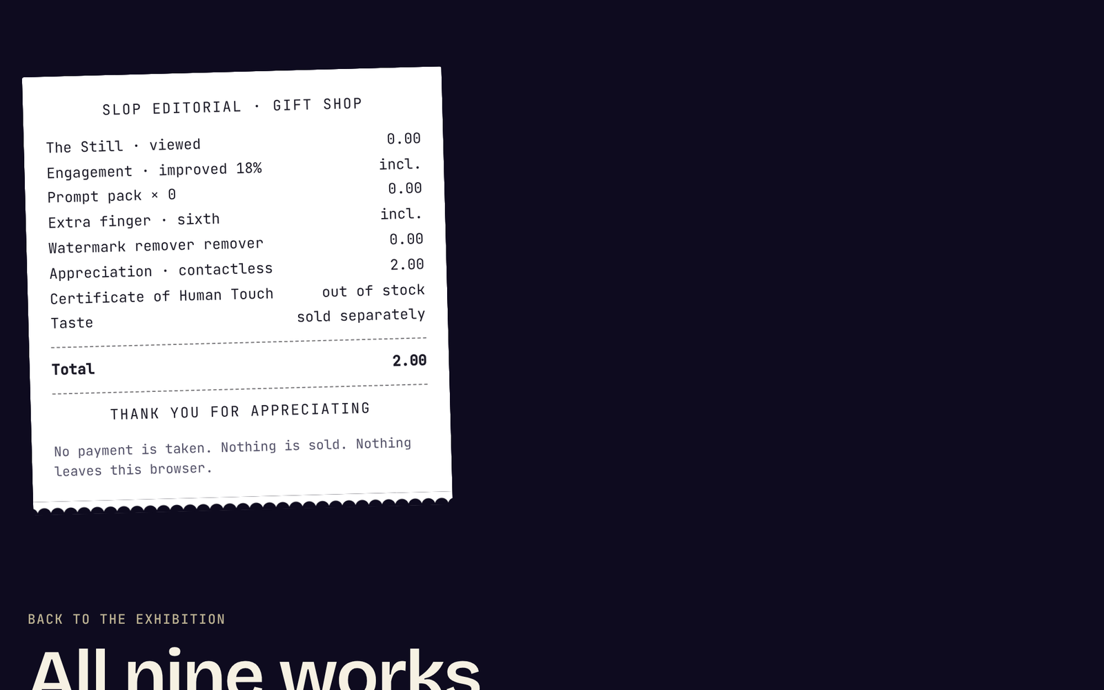 A printed gift-shop receipt itemizing appreciation, a prompt pack and an extra finger.