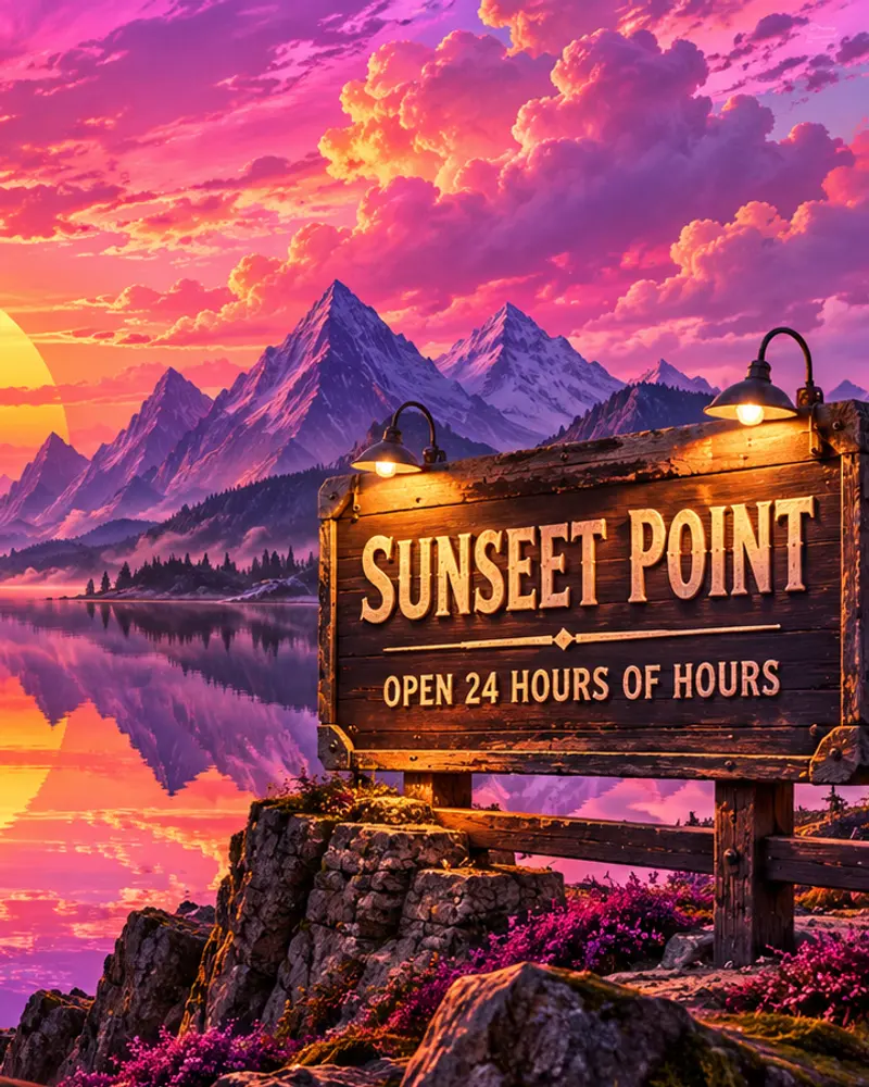 A neon sunset over violet peaks and a mirrored lake. A floodlit wooden sign in the foreground reads Sunseet Point, Open 24 hours of hours.