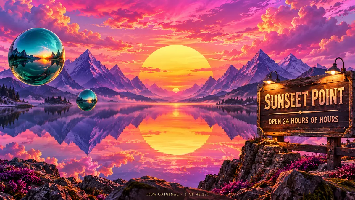 A neon sunset over violet peaks and a mirrored lake. Two chrome spheres float over the water. A floodlit wooden sign reads Sunseet Point, Open 24 hours of hours.