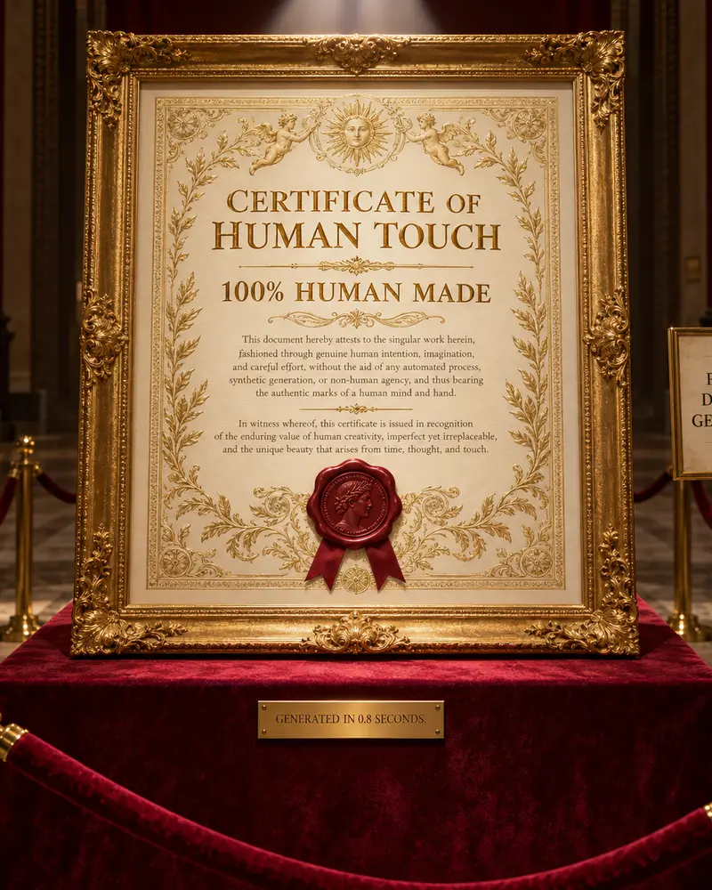 A gold-framed certificate on a red velvet plinth. It reads Certificate of Human Touch, 100% human made. A plaque below reads Generated in 0.8 seconds.