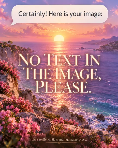 A lavender sunset over a rocky coast with pink flowers. A chat bubble at the top reads Certainly! Here is your image. Large serif letters across the middle read No text in the image, please. Small text at the bottom reads ultra realistic, 8k, trending, masterpiece.