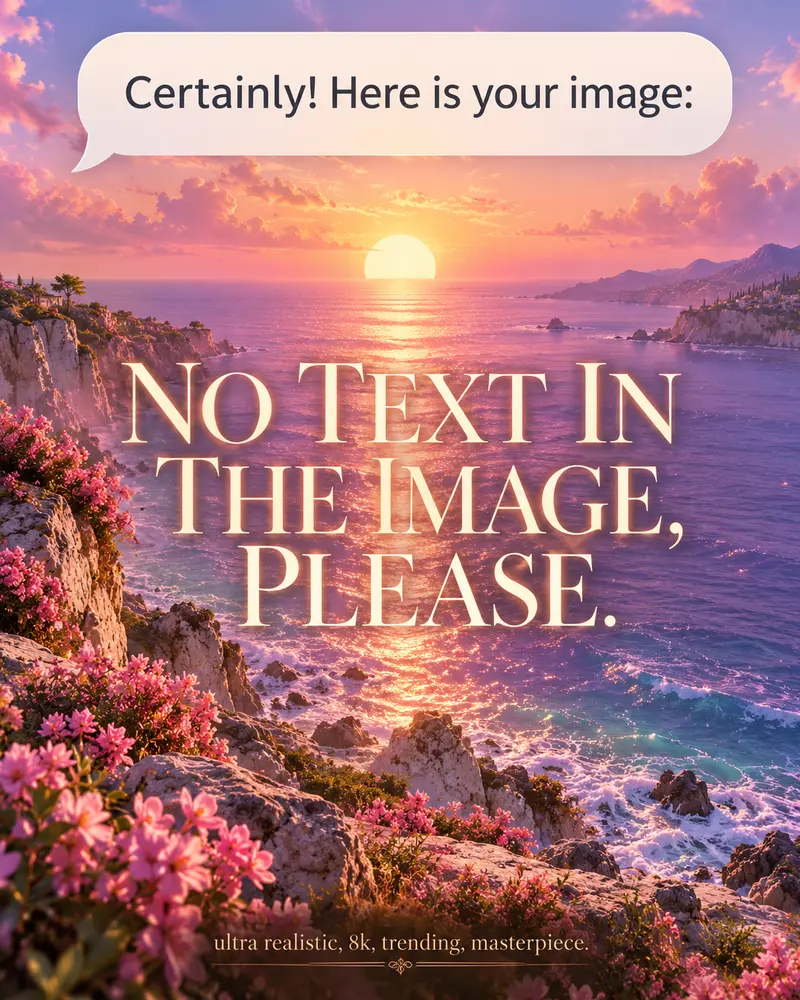 A lavender sunset over a rocky coast with pink flowers. A chat bubble at the top reads Certainly! Here is your image. Large serif letters across the middle read No text in the image, please. Small text at the bottom reads ultra realistic, 8k, trending, masterpiece.