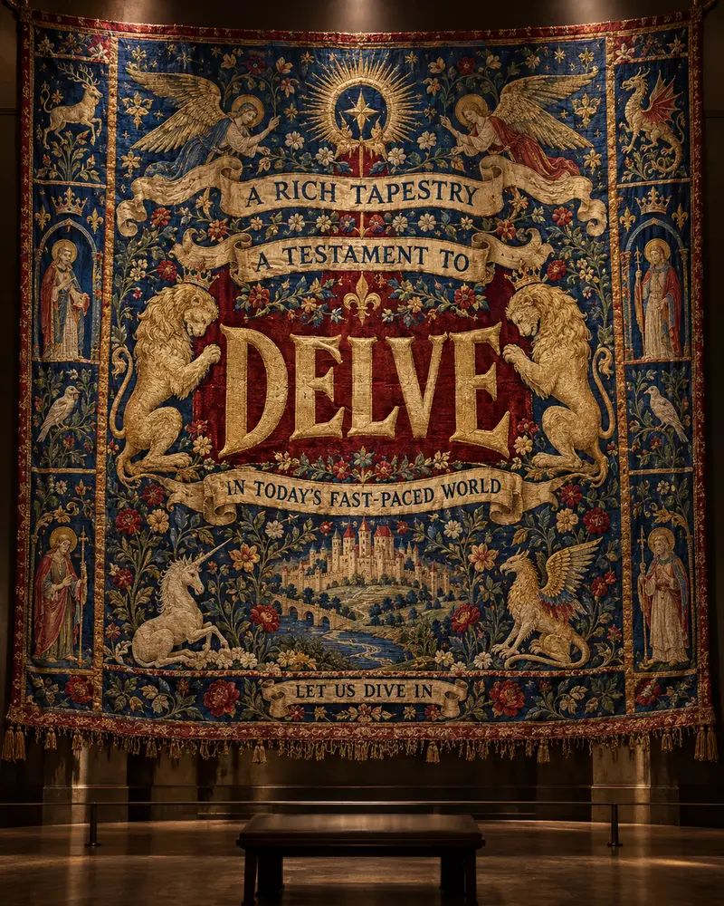A medieval tapestry in a dark museum gallery. Two golden lions bow toward the word DELVE, embroidered in gold on a red field. Woven ribbons read A rich tapestry, A testament to, In today's fast-paced world, and Let us dive in.