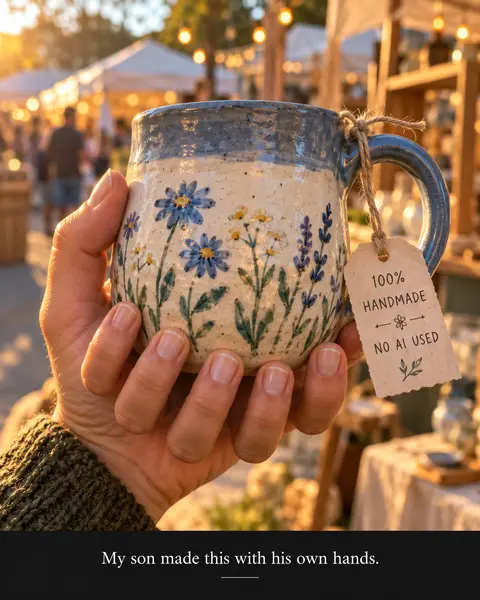 A hand with a thumb and five fingers holds a hand-painted mug at a golden-hour craft fair. A paper tag reads 100% handmade, no AI used. The caption reads My son made this with his own hands.