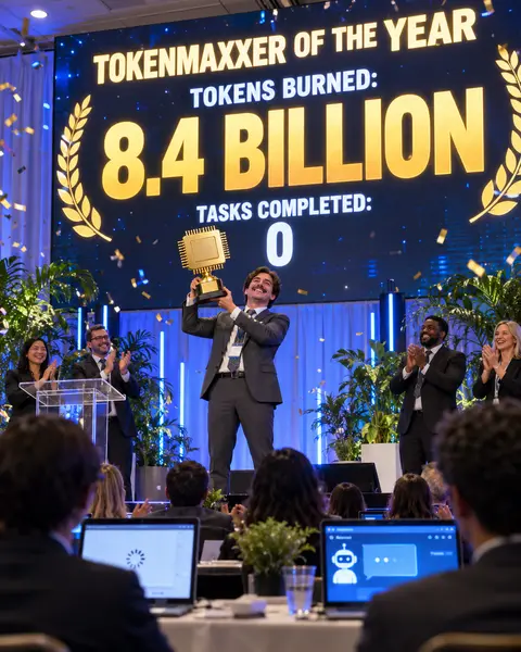 An office worker raises a gold computer-chip trophy on a conference stage while colleagues applaud and confetti falls. The screen behind reads Tokenmaxxer of the Year, Tokens burned: 8.4 billion, Tasks completed: 0. Laptops in the audience show loading spinners.