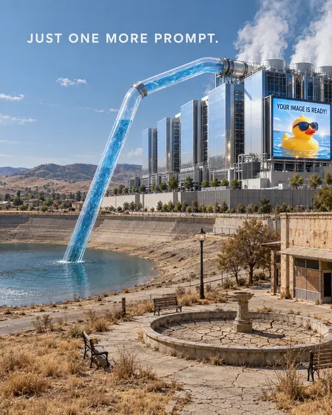 A drought-stricken town with cracked pavement and a dry fountain. A giant clear bendy straw runs from a gleaming data center into the shrinking reservoir. A billboard on the data center shows a yellow duck in sunglasses under Your image is ready. The sky reads Just one more prompt.