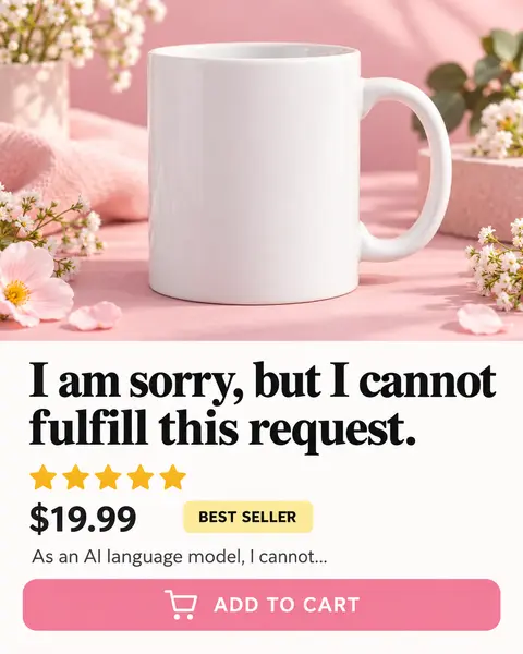 A product listing for a plain white mug on a pink set. The title reads I am sorry, but I cannot fulfill this request. Below it: five stars, 19.99, Best Seller, As an AI language model, I cannot, and Add to Cart.