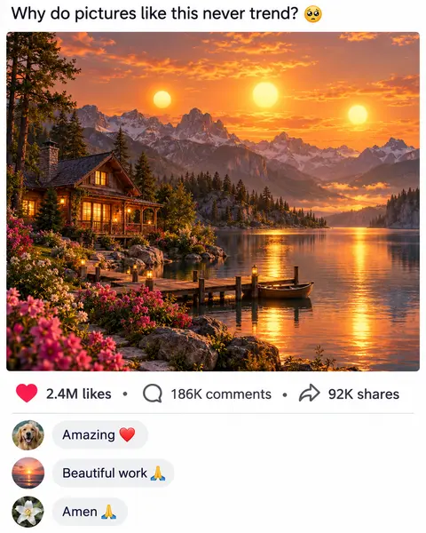 A social post titled Why do pictures like this never trend, showing a lakeside cabin at sunset under three separate suns. Below it: 2.4M likes, 186K comments, 92K shares, and comments reading Amazing, Beautiful work, and Amen.